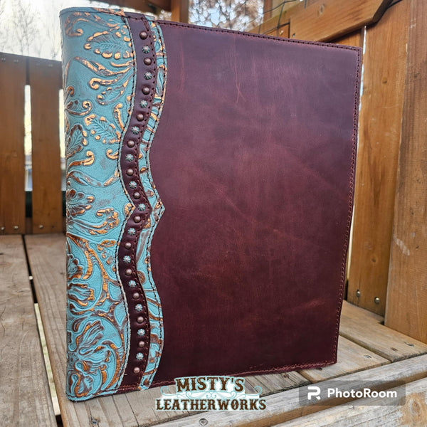 Leather planner cover, Embossed Floral turquoise and copper leather.