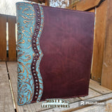 Leather Planner Cover, Turquoise and copper floral